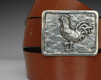 Handmade White Bronze Rooster Buckle Belt: Chestnut Bridle Leather
