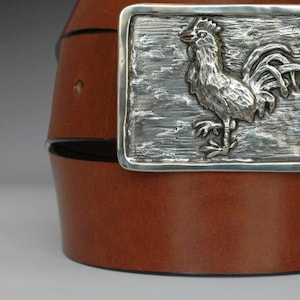Handmade White Bronze Rooster Buckle Belt: Chestnut Bridle Leather