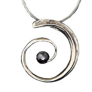 Oxidized Sterling Silver Spiral Pendant inspired by fish bone texture with a Fresh Water, Peacock Pearl Seamed Snake Chain Fly Fishing Art