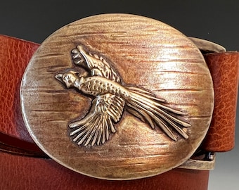 Handmade Bronze Pheasant Belt Buckle: Chestnut Leather Belt
