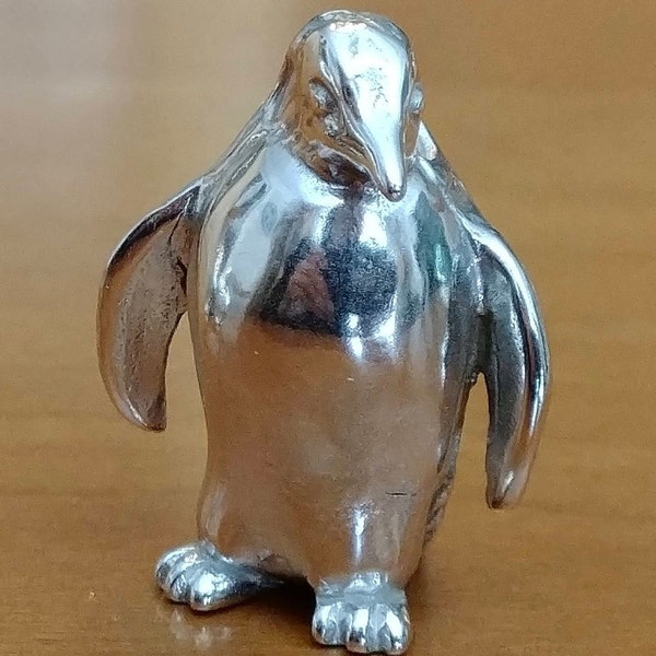 Penguin Mini Silver Emperor Penguin Sculpture, Handmade Solid Sterling Emperor Penguin, Fine Detail Personality, Wings Out Penguin