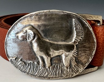 Men's English Setter Belt: Handmade White Bronze Dog Buckle