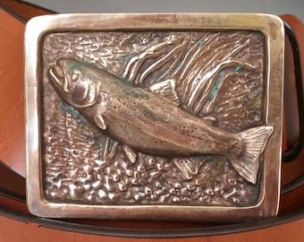 Handmade Bronze Trout Buckle Belt: Fly Fishing Designer Leather Belt