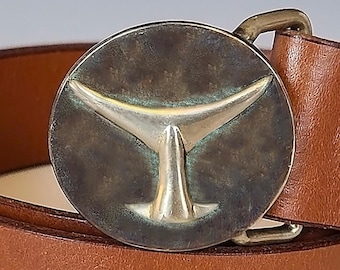 Tuna Tail Leather Belt, Abstract Bronze Fish Buckle