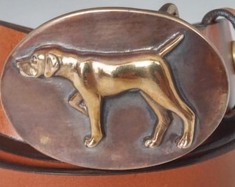 Hand Carved Pointer Dog Buckle Belt: Bronze Hunting Art