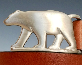 Handmade Polar Bear Belt: White Bronze Buckle, Chestnut Leather