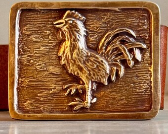 Handmade Bronze Rooster Buckle Belt: Mahogany Bridle Leather
