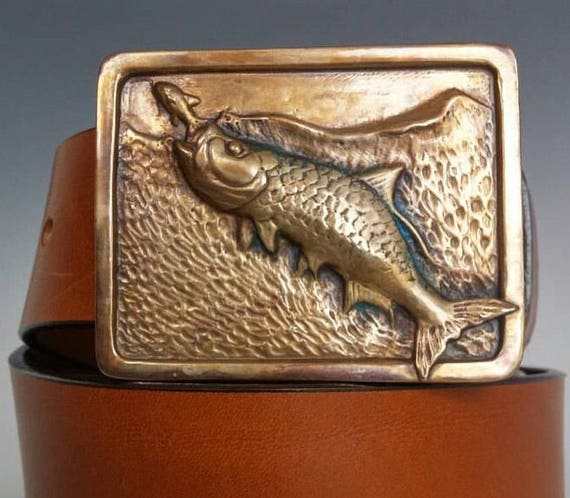 Bronze Tarpon Buckle, Handmade Mens Designer Fishing Belt, Leather