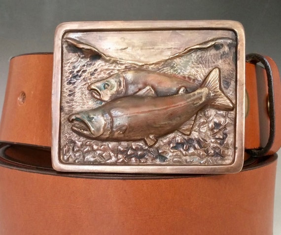 Salmon Buckle Handmade Bronze Buckle Leather Belt, Fly Fishing