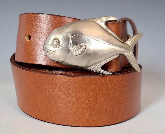 Fly Fishing Buckle, Fishing Belt, Fishing Buckle, Bronze Permit Fish,  Handmade Leather Belt, White Bronze Permit Fish, Buckle Fish Art 