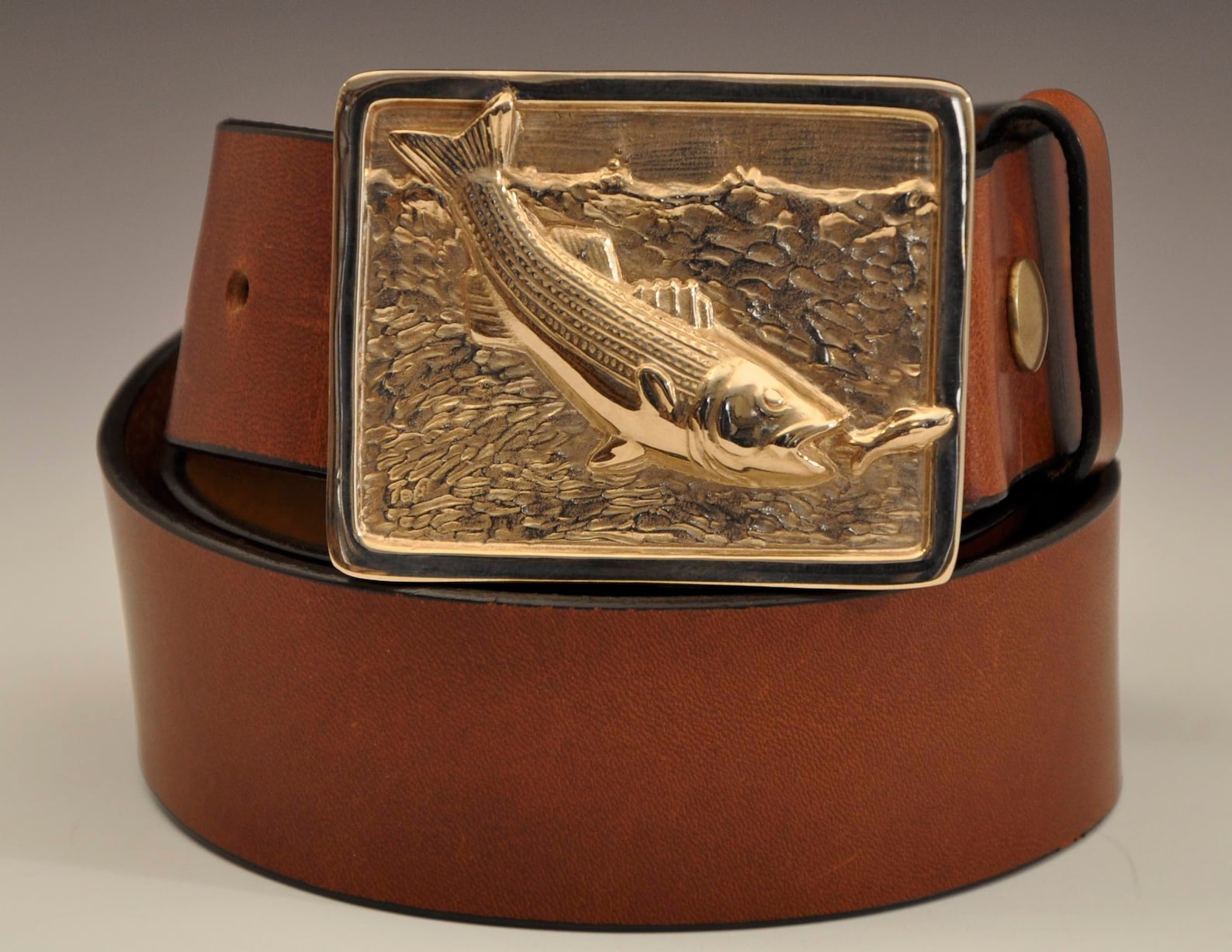 Handmade Mens Luxury Fishing Belt Bronze Striped Bass Buckle Etsy