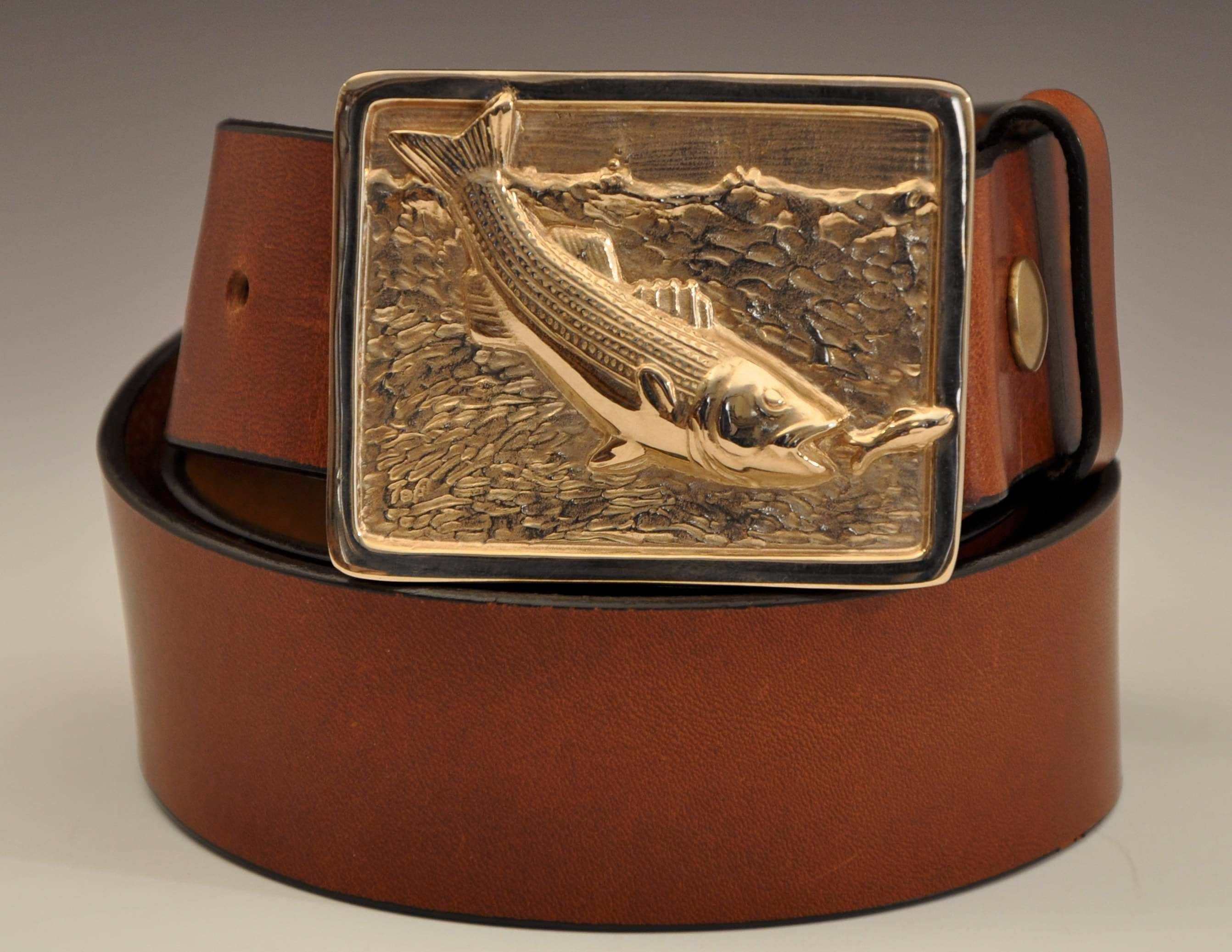 TafSchaeferDesign Striper Belt Buckle, Handmade Mens Fly Fishing Belt, Bronze Striped Bass Buckle with Leather Belt, Flyfishing Buckle, Bridle Leather Belt