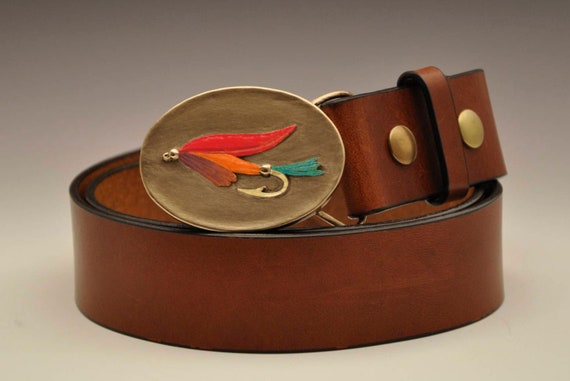 Men's Handmade Bronze Fly Fishing Belt Buckle With Chestnut Leather Belt,  Fly Fishing Buckle, Fly Fishing Belt, Fly Art, Fishing Art 