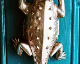 Horned Frog Door Knocker Handmade in Bronze, Bronze Ringer Hardware, Animal Door Knocker