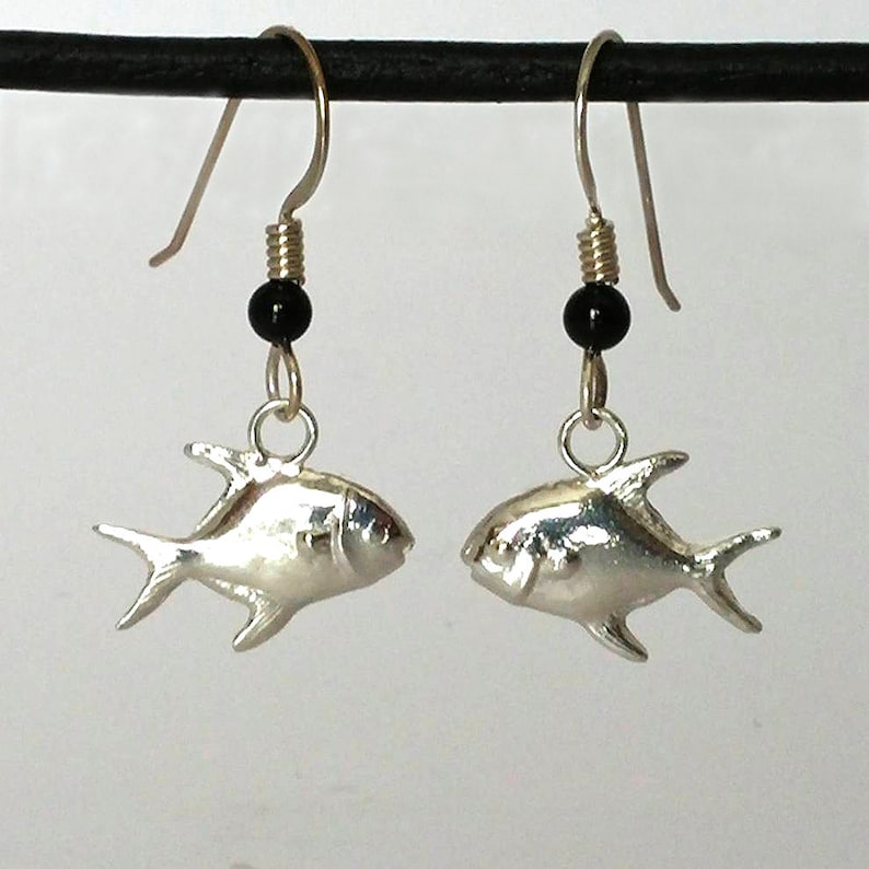 Sterling Silver Fish Dangle Earrings With Onyx Bead for Fly Fishing Women, Hand Carved Fish