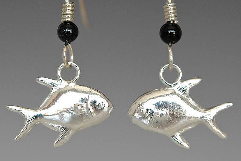 Sterling Silver Fish Dangle Earrings With Onyx Bead for Fly Fishing Women, Hand Carved Fish