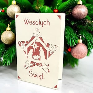 Polish Merry Christmas Wesołych Świąt Nativity Card, Happy Holidays, Handmade, Paper Cut, Polski Greeting Card, Snowflake, Star