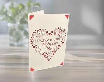 Vietnamese Mother's Day Card: Floral Heart, Chuc mung Ngay cua Me, Papercut, Personalized Colors