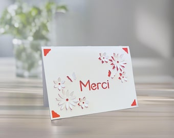 French Merci Thank You Card: 3D Floral Greeting Laser Papercut Card, Personalized Colors