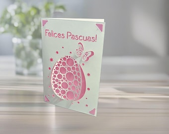 Spanish Happy Easter Greeting Card: Felices Pascuas, Egg and Butterfly Design, Personalized Colors