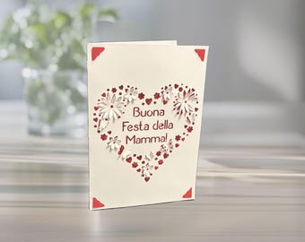 Italian Mother's Day Card: Buona Festa della Mamma, Floral Heart, Laser Papercut, Personalized Colors