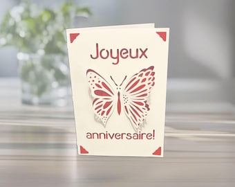 French Joyeux Anniversaire Happy Birthday Greeting Card with 3D Pop Up Butterfly, Personalized Colors