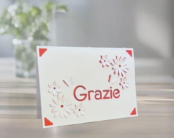 Italian Grazie Thank You Card: 3D Laser Papercut Floral Design, Personalized Colors