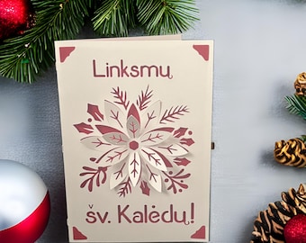 Lithuanian Linksmu Kaledu Merry Christmas Holiday Greeting Card with 3D Snowflake, Handmade, Papercut