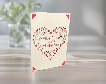 German Mother's Day Card: Alles Gute zum Muttertag, 3D Floral Heart Papercut, Personalized Colors