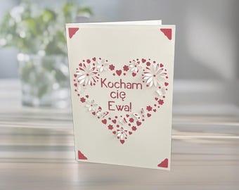 Polish Personalized Anniversary Floral Heart Greeting Card - Kocham cie - I Love You, with Any Name