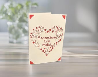 Polish Mother's Day Card: Szczesliwego Dnia Matki, 3D Floral Heart Laser Papercut, Personalized Colors