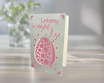 Lithuanian Happy Easter Greeting Card: Linksmu Velyku, Egg and Butterfly Design, Personalized Colors