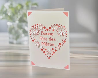 French Happy Mother's Day Card: Floral Heart, Bonne Fete Des Meres, Personlized with Colors