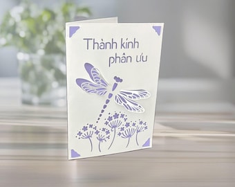 Vietnamese Sympathy Card - Thành kính phân ưu for Grieving and Loss, Dragonfly Floral Design, Personalized Colors