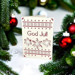 Scandinavian Merry Christmas Card, God Jul Holiday Card, Swedish, Danish, Norwegian Handmade Paper Cut Snowflakes Winter 3D Greeting Card
