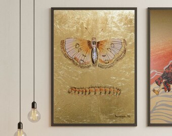 White and Brown Moth Painting on Golden Canvas