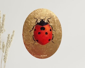 Golden Ladybug Original Oil Painting, Golden canvas painting, Red Insect Wall Art, Ladybird Decor, Minimalist Red Home Decor