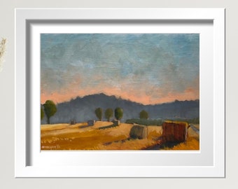 Original Italian Landscape Painting with Trees and Hay Bales Plein Air Italian Countryside Art, Country Home Decor