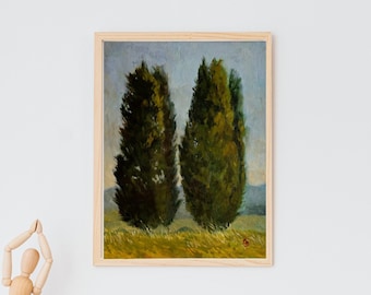 Original Italian Landscape Oil Painting, Cypress Trees Wall Art, Impressionist Italy Countryside Art, Tuscany Country Painting