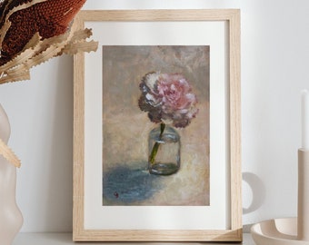 Pink Carnation Flower in Bottle, Still Life original oil painting, OOAK floral art, minimalist flower wall art, contemporary home decor