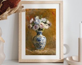 Original Pink Flowers in Porcelain Vase, Still Life Floral Oil Painting, Impressionist Flowers Wall Art, Classical Contemporary Decor Idea