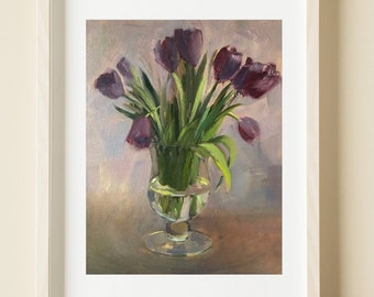 Original Purple Tulips Abstract Flower Oil Painting Textured Painting Contemporary Boho Home Decor