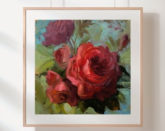 Original Red Roses Abstract Flower Oil Painting Textured Painting Contemporary Minimalist Home Decor