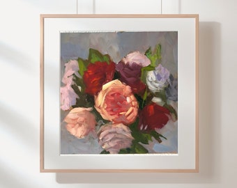 Original Roses Abstract Flower Oil Painting, Textured Painting, Contemporary Minimalist Home Decor, Red and Pink Roses Floral Art