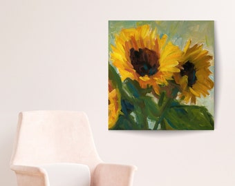 Large Sunflower Abstract Oil Painting, Made to Order Impressionist Textured Painting, Yellow Flowers Wall Art. Contemporary
