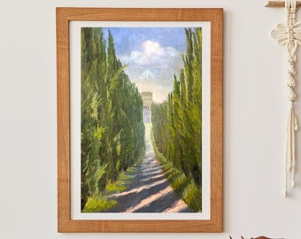 Original Italian Countryside Oil Painting with Cypress Trees and Country Road, Tuscany Wall Art, Impressionist Italian Landscape Art