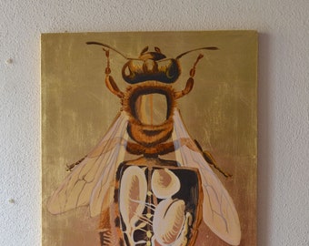 Botanical Bee Painting on Golden Canvas, Minimalist Golden Decor