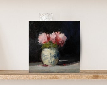 Original Pink Flowers in Vase, Impressionist Still Life oil painting on canvas, Pink Floral Painting, Minimalist Flower Wall Art