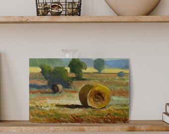 Original Italian Landscape Painting with Trees and Hay Bales Plein Air Italian Countryside Art, Country Home Decor, Tuscany Landscape