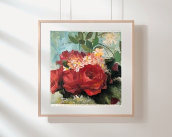 Original Red Roses Abstract Oil Painting, Impressionist Textured Painting, Contemporary Boho Minimalist Home Decor, Abstract Floral Art